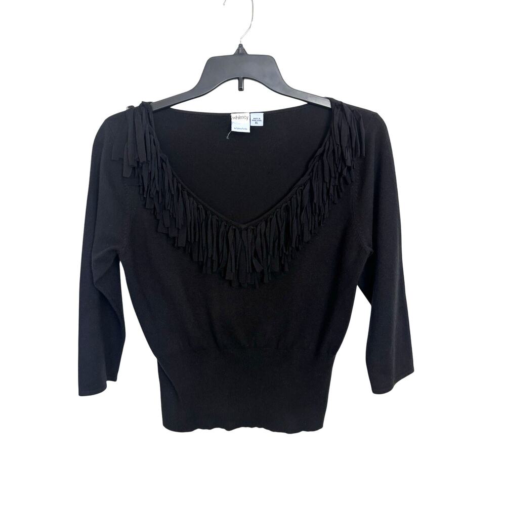 Vtg 90s Black Fringe V-Neck 3/4 Sleeve Top M Western Cowgirl Country Rodeo Boho